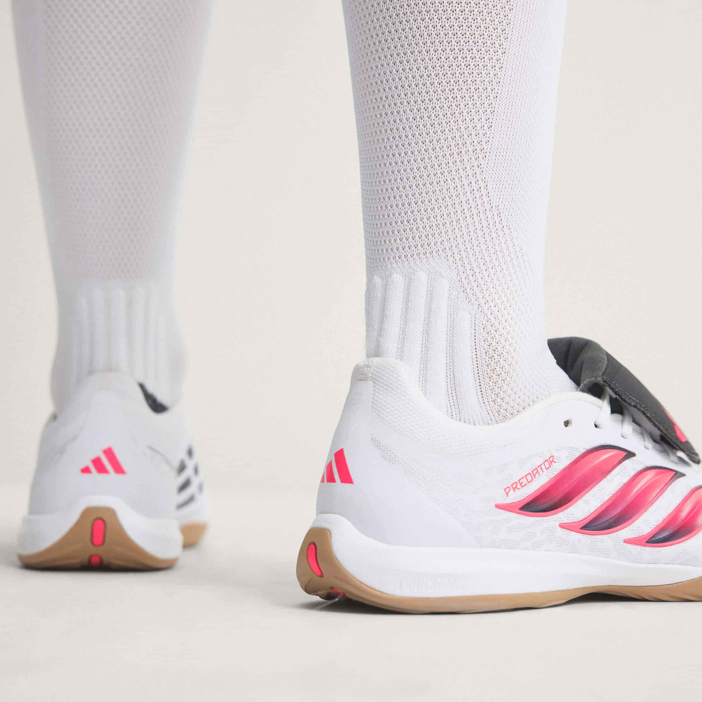 adidas Predator League Fold-Over Tongue IC indoor soccer cleats in white, pink and black with rubber court outsole