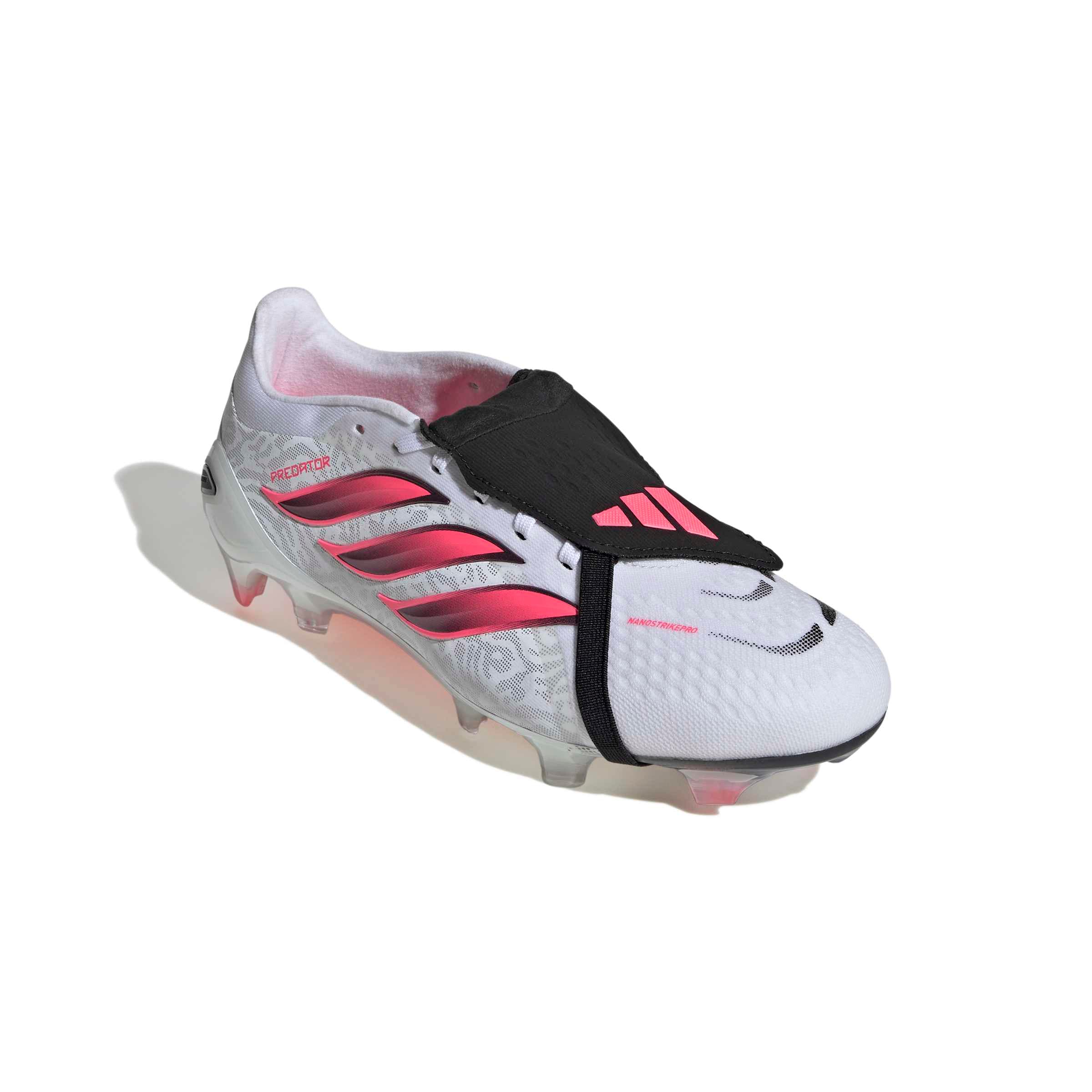 adidas Predator Pro Fold-Over Tongue FG soccer cleats in white, pink and black with firm-ground studded outsole