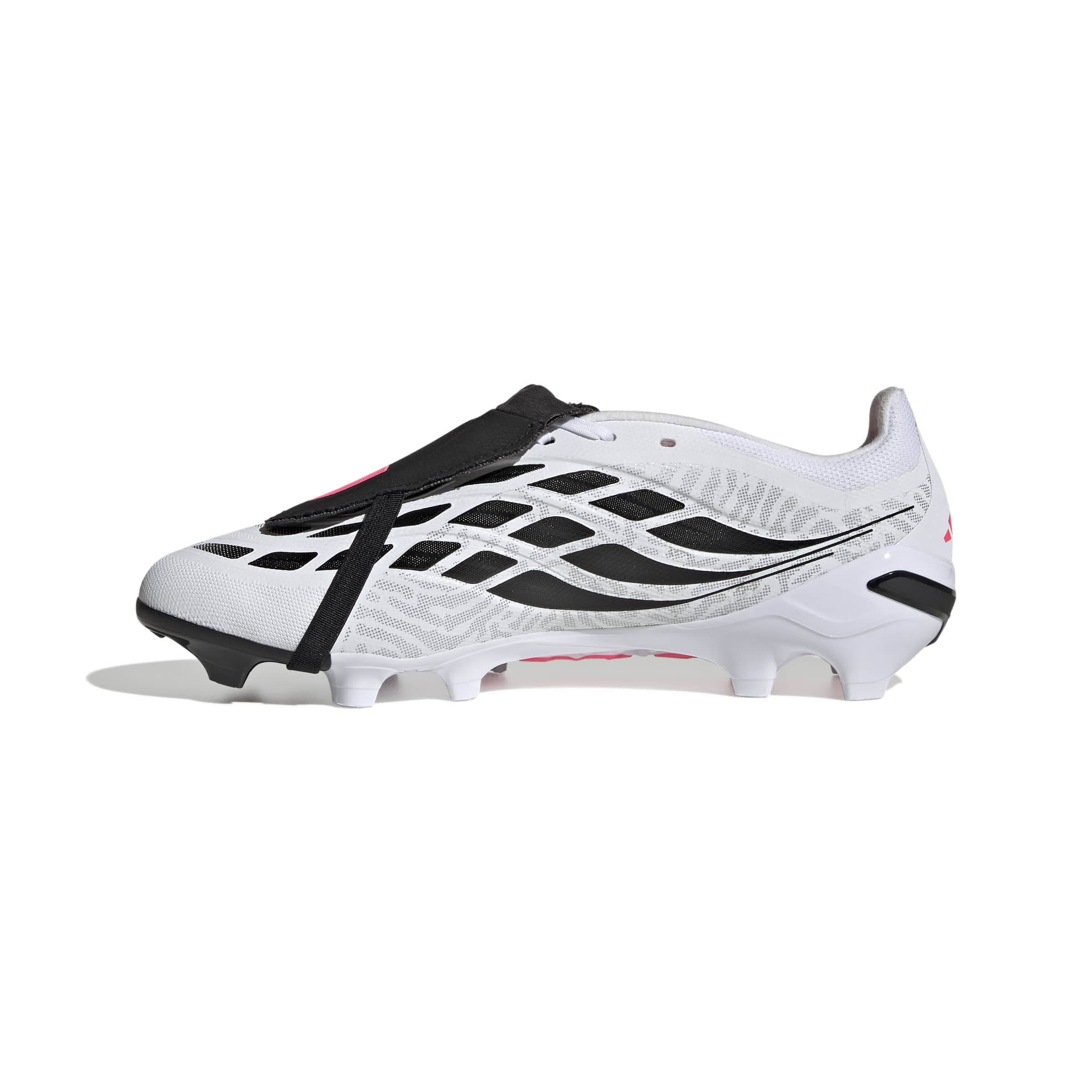 adidas Predator League Fold-Over Tongue FG soccer cleats in white, pink and black with classic fold-over tongue
