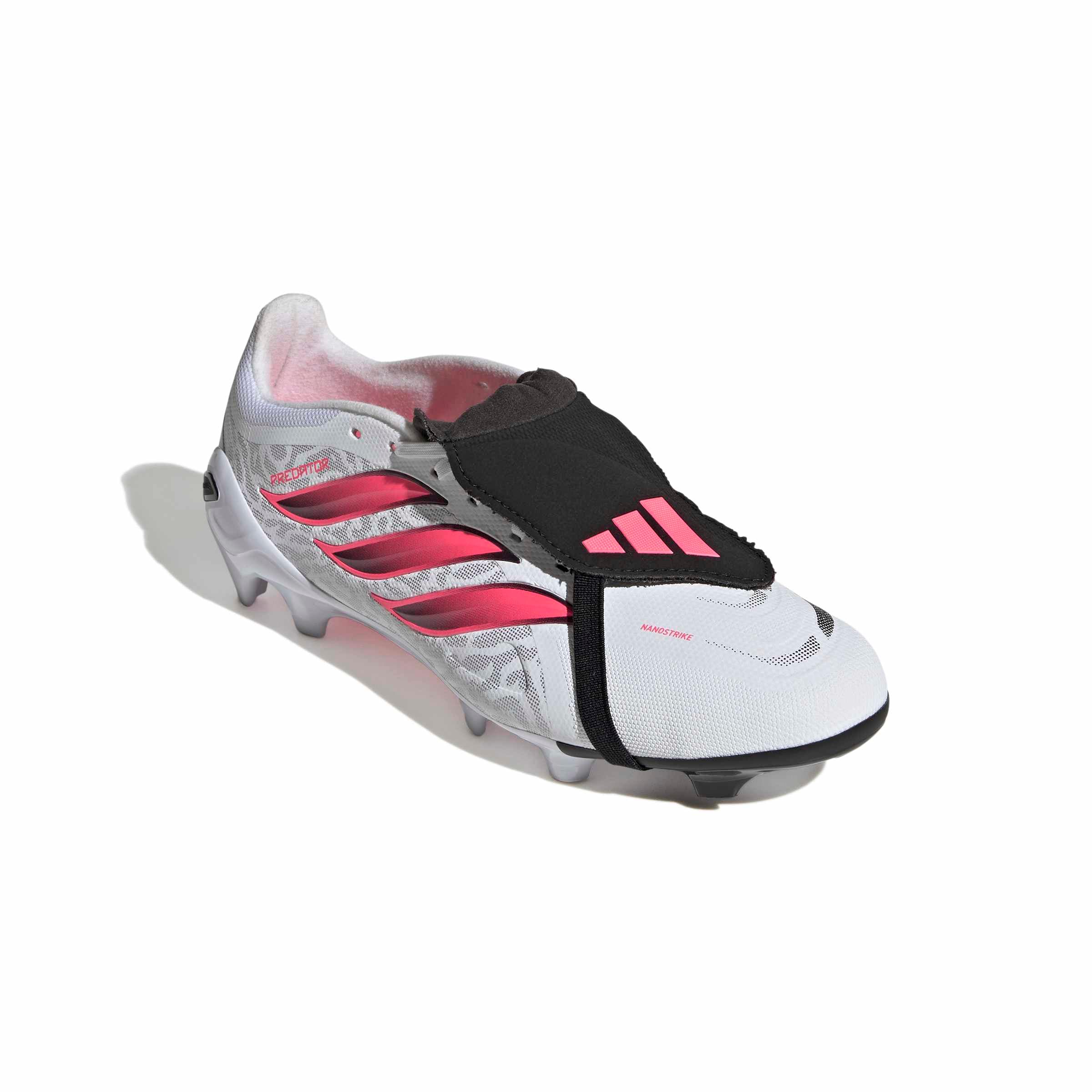 adidas Predator League Fold-Over Tongue FG soccer cleats in white, pink and black with classic fold-over tongue