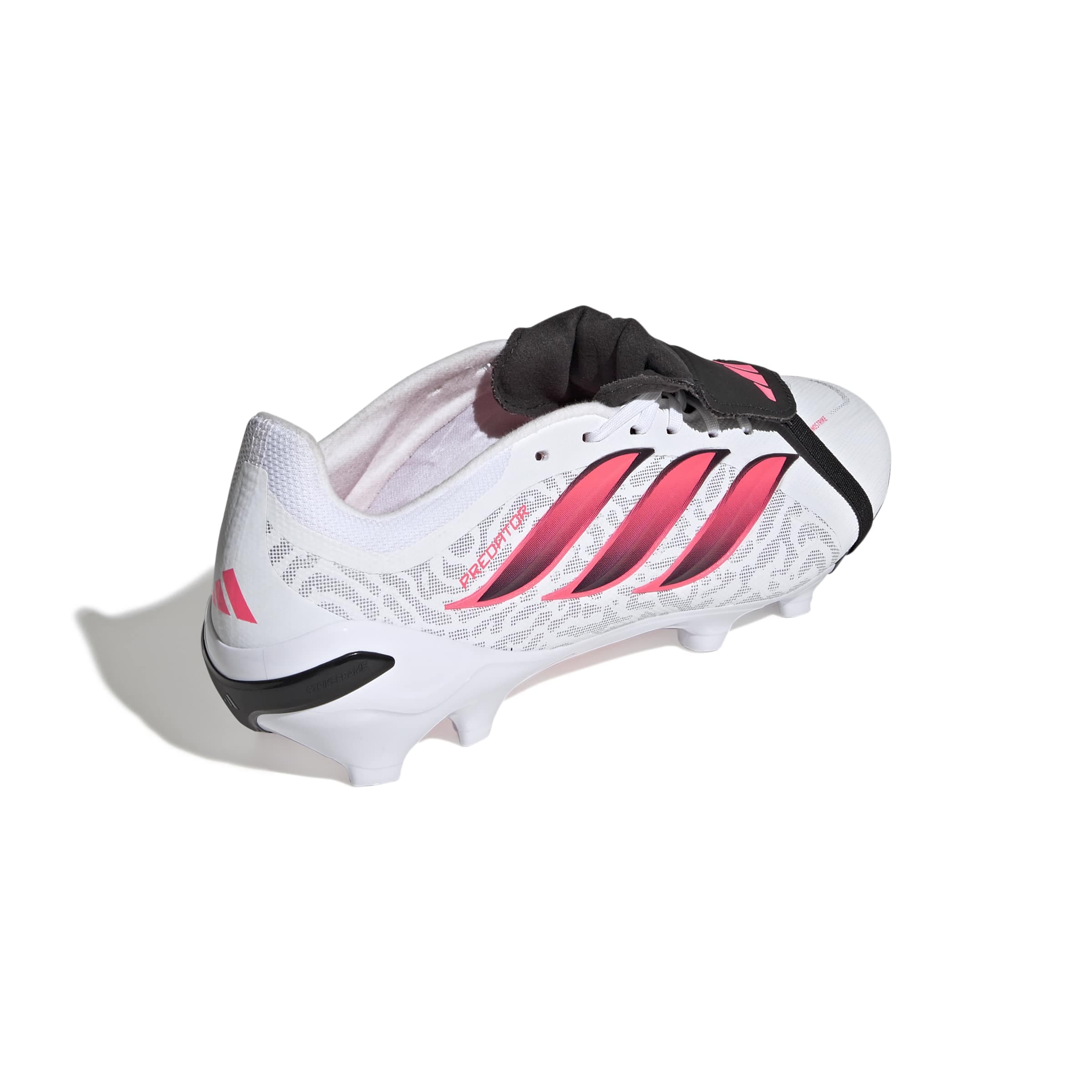 adidas Predator League Fold-Over Tongue FG soccer cleats in white, pink and black with classic fold-over tongue