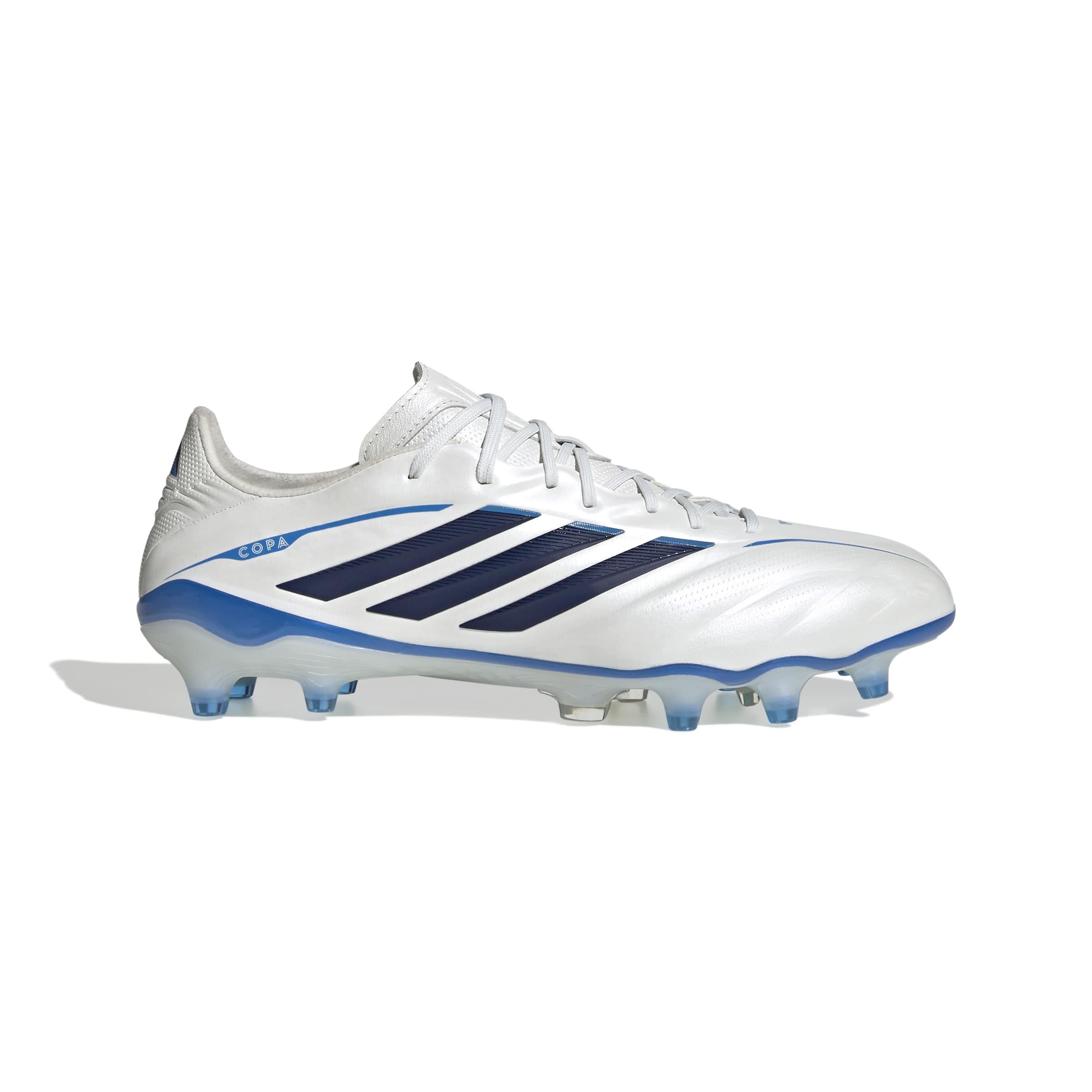 adidas Copa Pure IV Elite FG soccer cleat in white and blue with firm-ground outsole