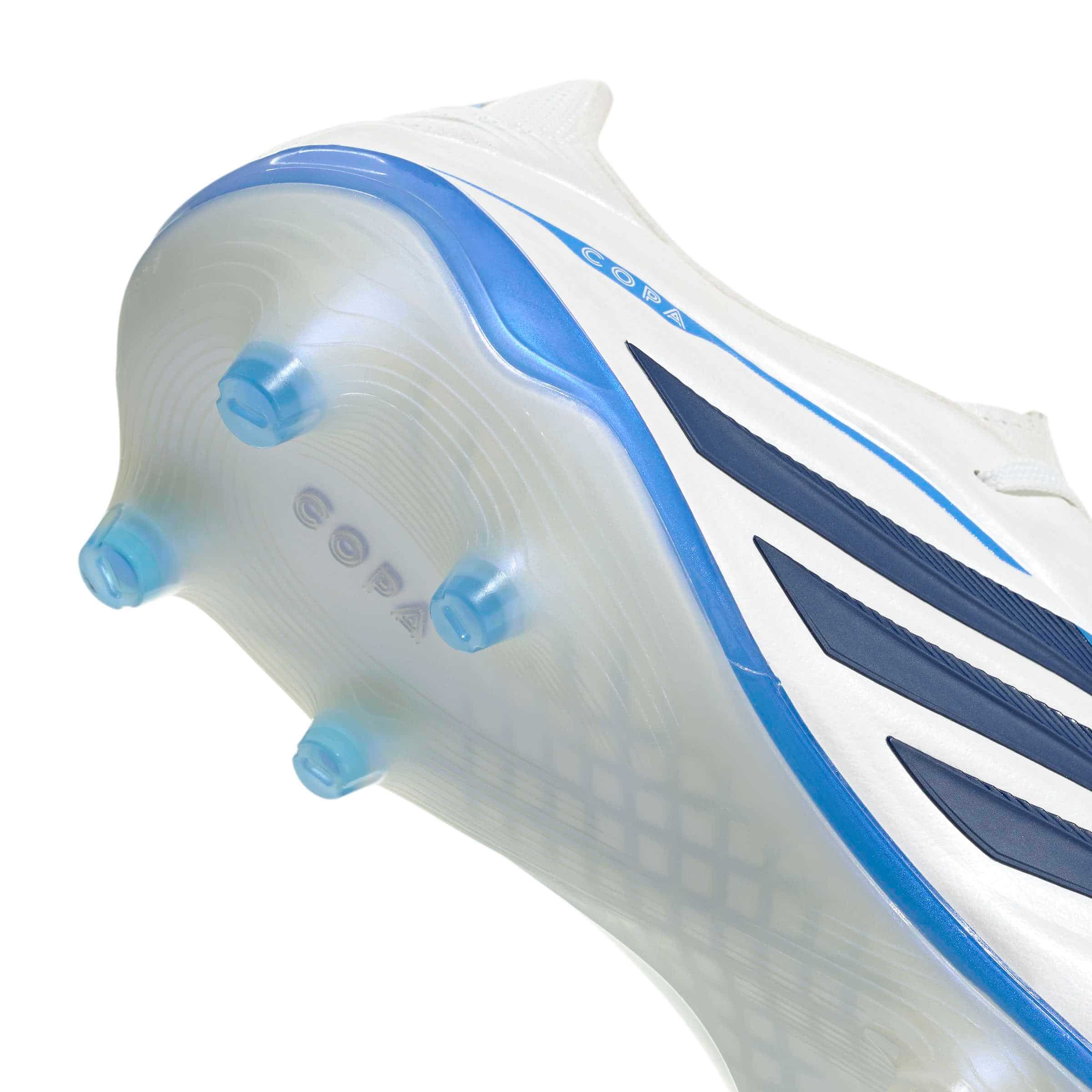 adidas Copa Pure IV Elite FG soccer cleat in white and blue with firm-ground outsole