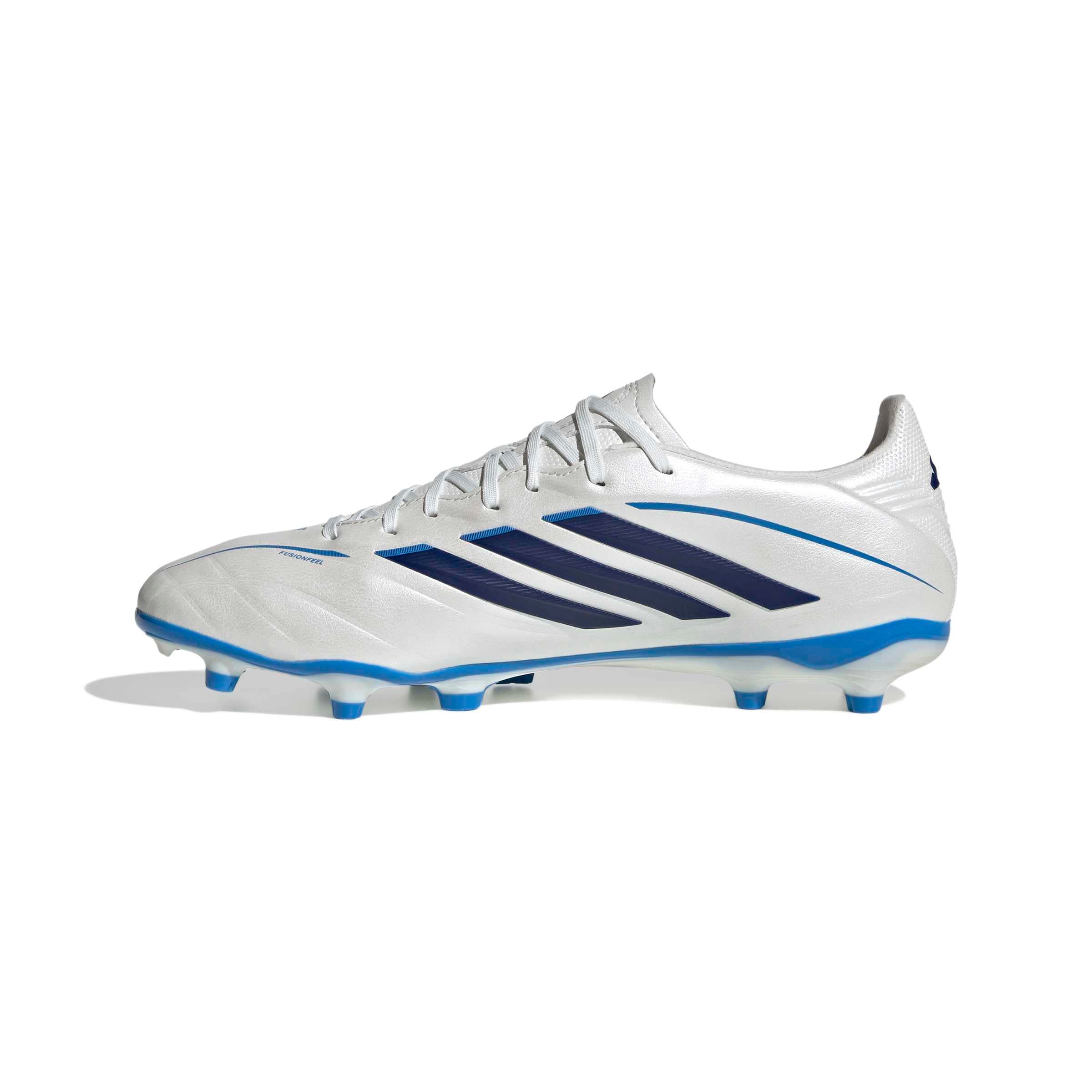 adidas Copa Pure IV League FG soccer cleats in white, blue and silver with firm-ground outsole