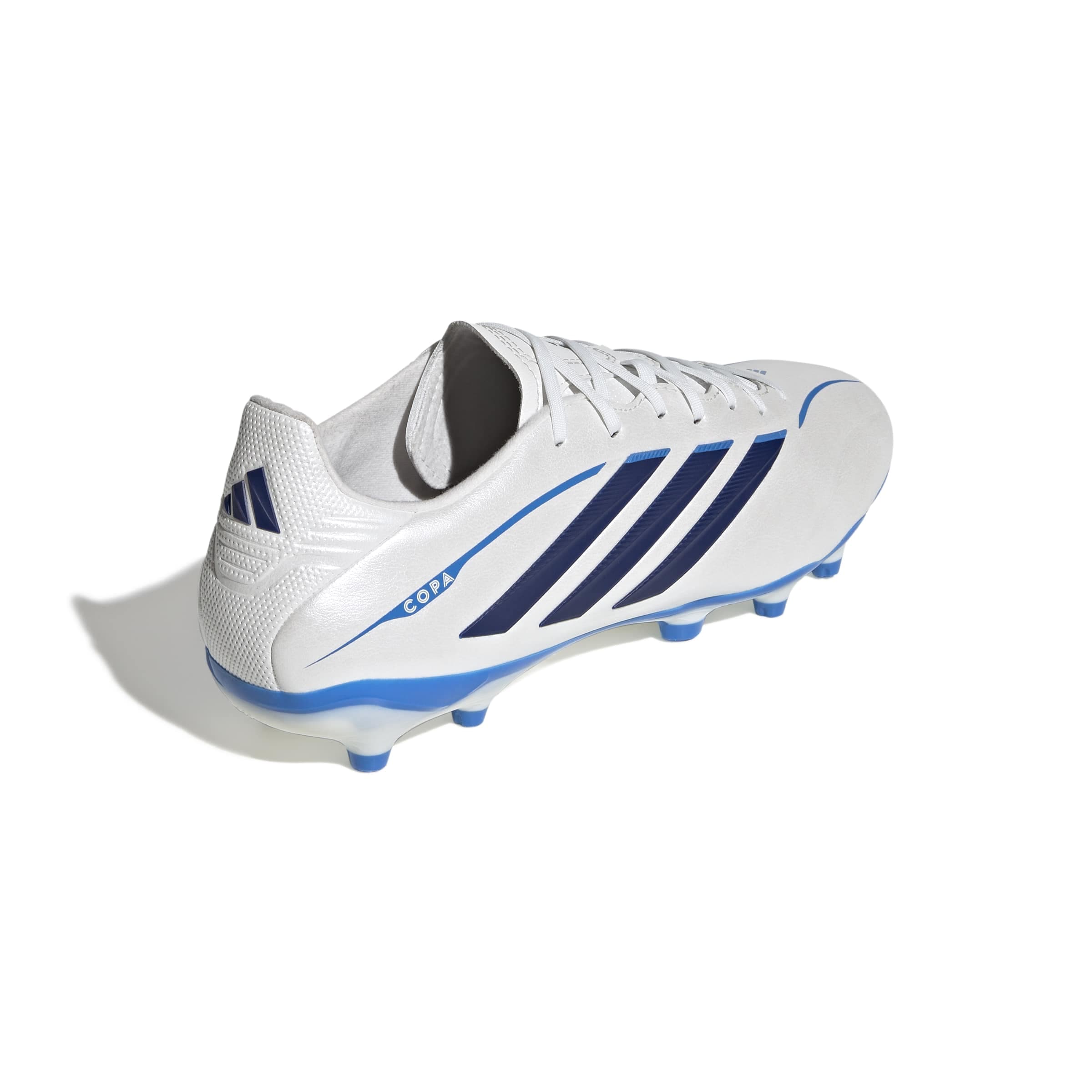 adidas Copa Pure IV League FG soccer cleats in white, blue and silver with firm-ground outsole