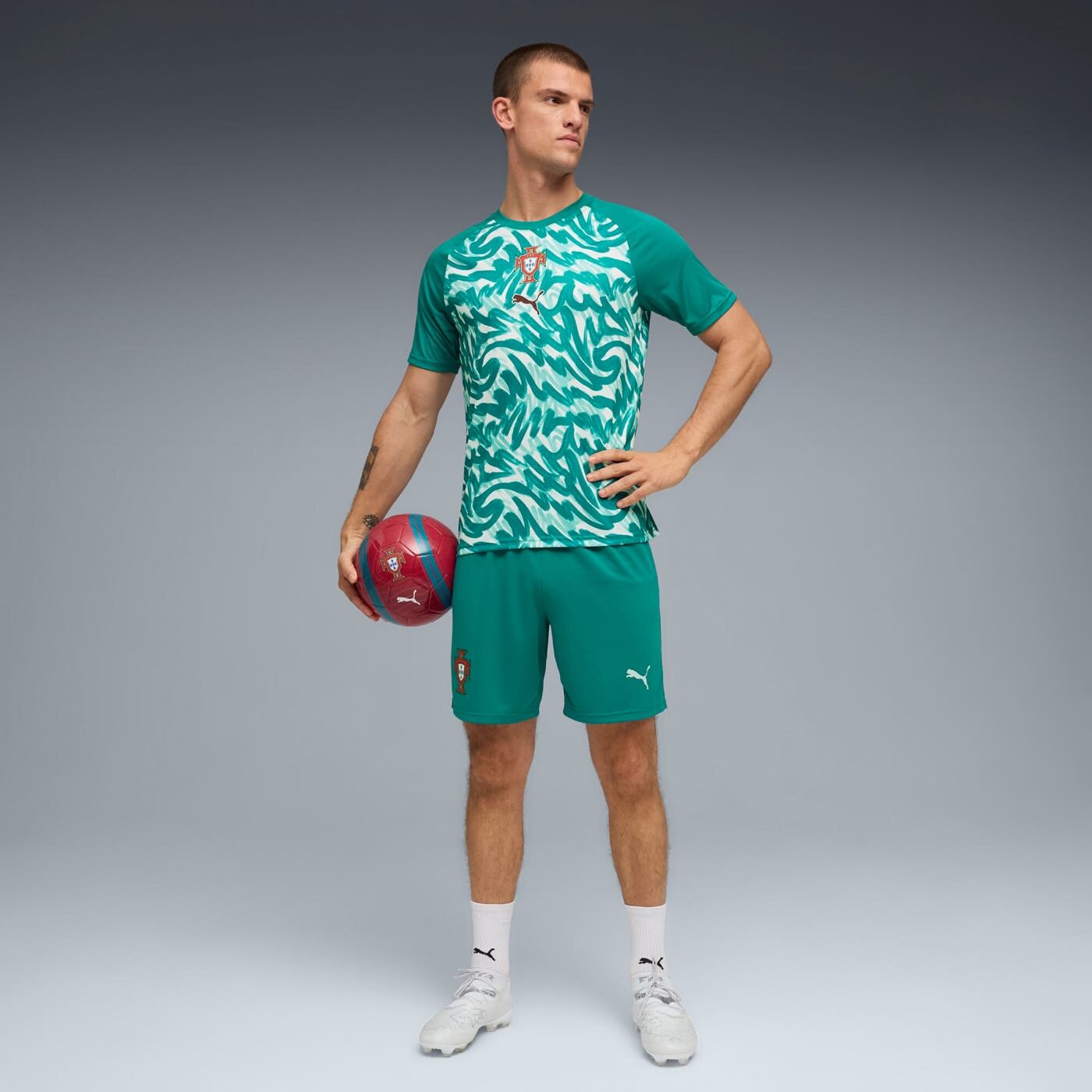 Model wearing Portugal Warm Up Training Top full outfit front view