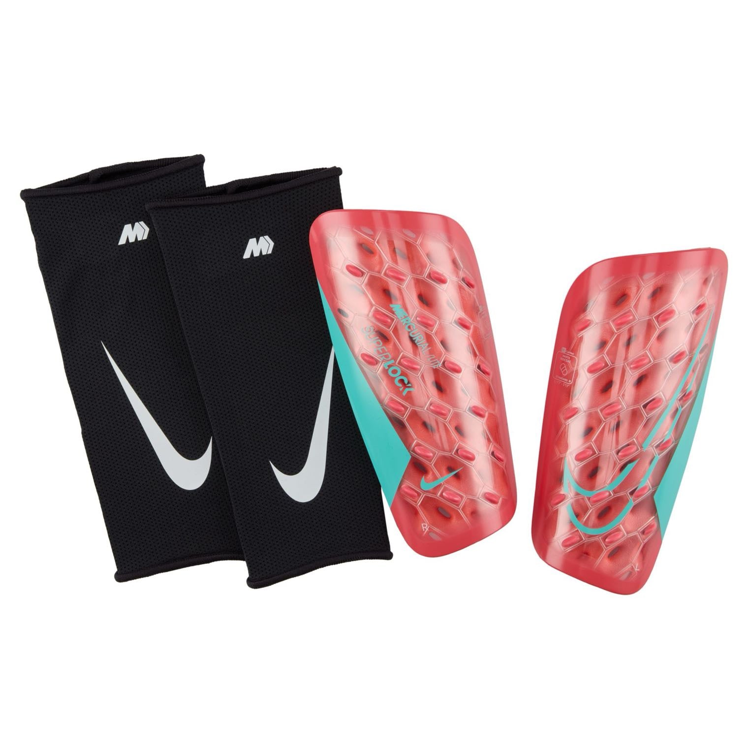 Nike Mercurial Lite SuperLock Shin Guards with moisture-wicking sleeves for secure fit and impact protection