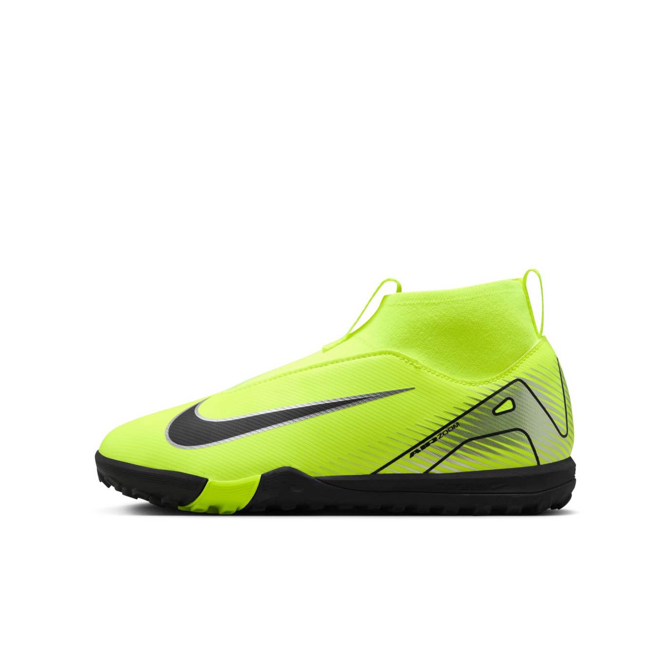 Nike Jr. Mercurial Superfly 10 Academy TF high-top soccer shoes for kids, with Air Zoom and NikeSkin for precision on turf fields.