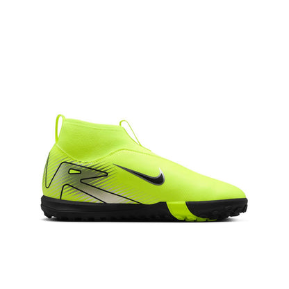 Nike Jr. Mercurial Superfly 10 Academy TF high-top soccer shoes for kids, with Air Zoom and NikeSkin for precision on turf fields.