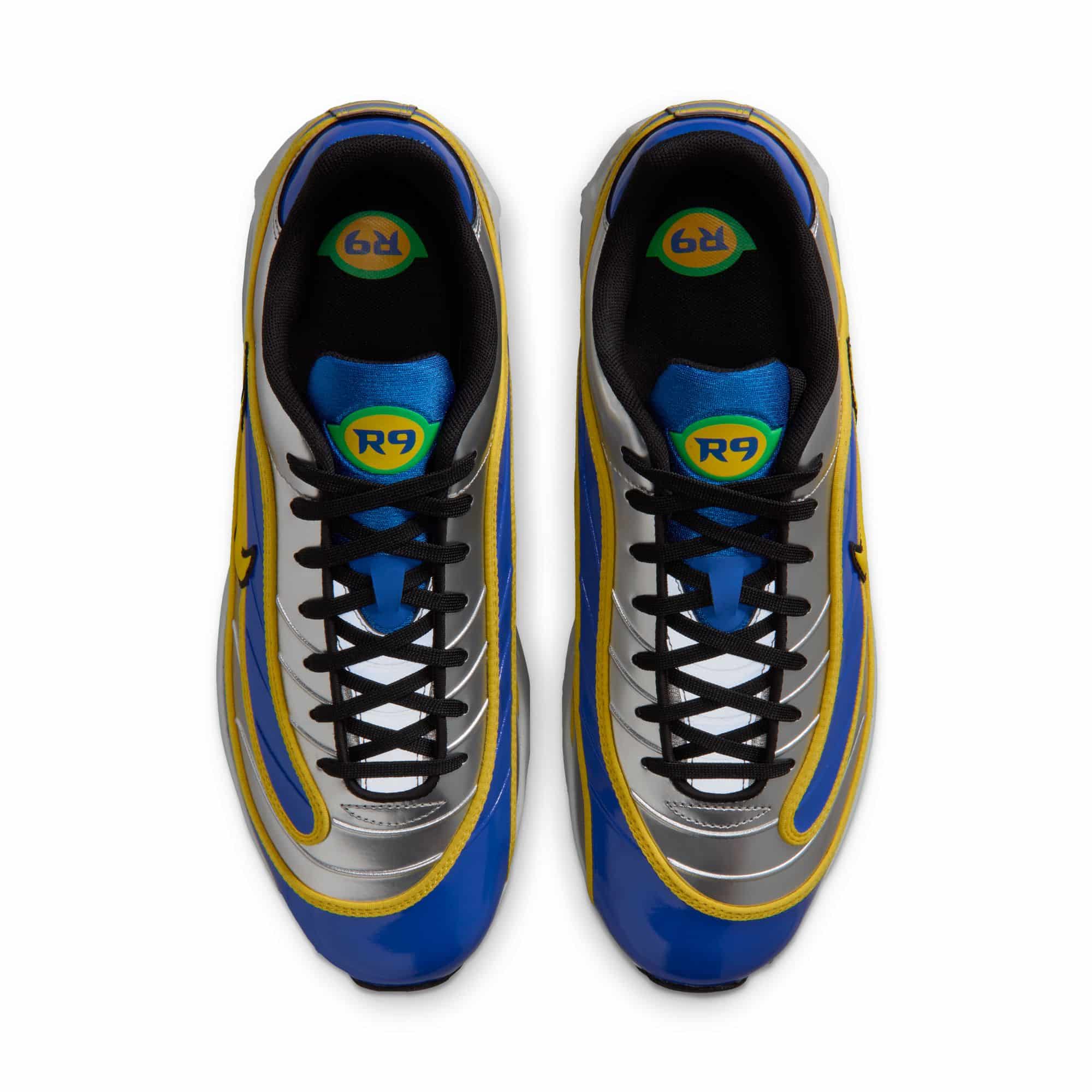Nike Air Max Joga Bonito R9 men’s shoes in silver, blue and yellow inspired by Ronaldo Nazário’s iconic Mercurial R9