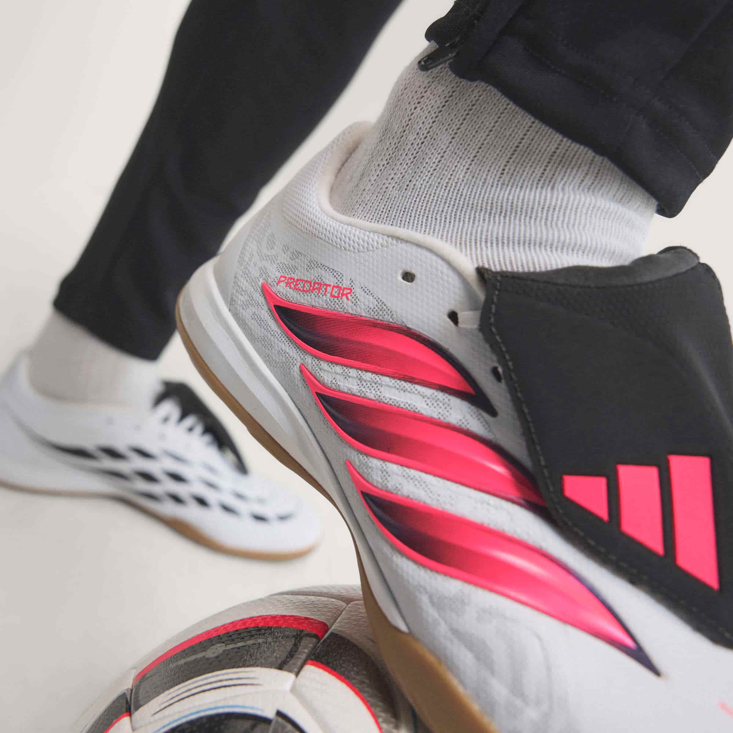 adidas Predator League Fold-Over Tongue IC indoor soccer cleats in white, pink and black with rubber court outsole