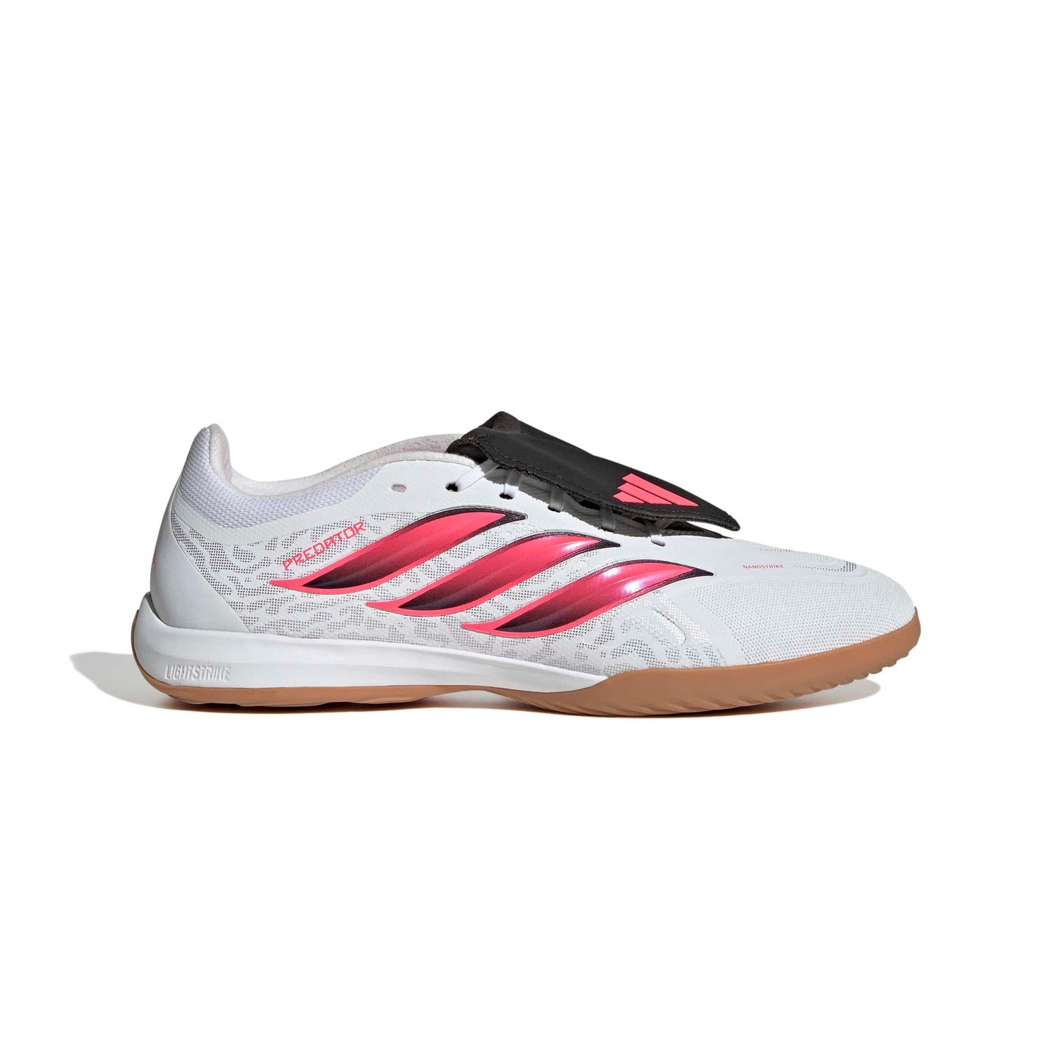 adidas Predator League Fold-Over Tongue IC indoor soccer cleats in white, pink and black with rubber court outsole