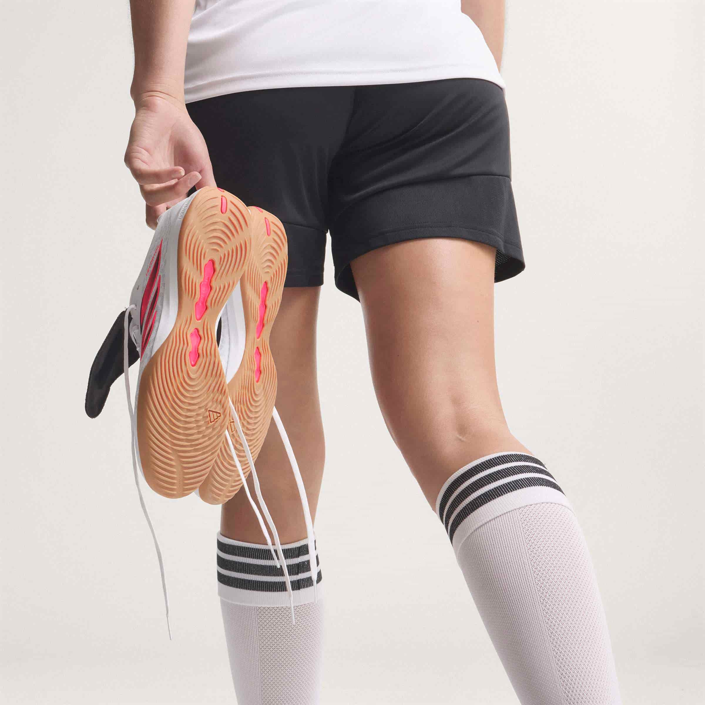 adidas Predator League Fold-Over Tongue IC indoor soccer cleats in white, pink and black with rubber court outsole