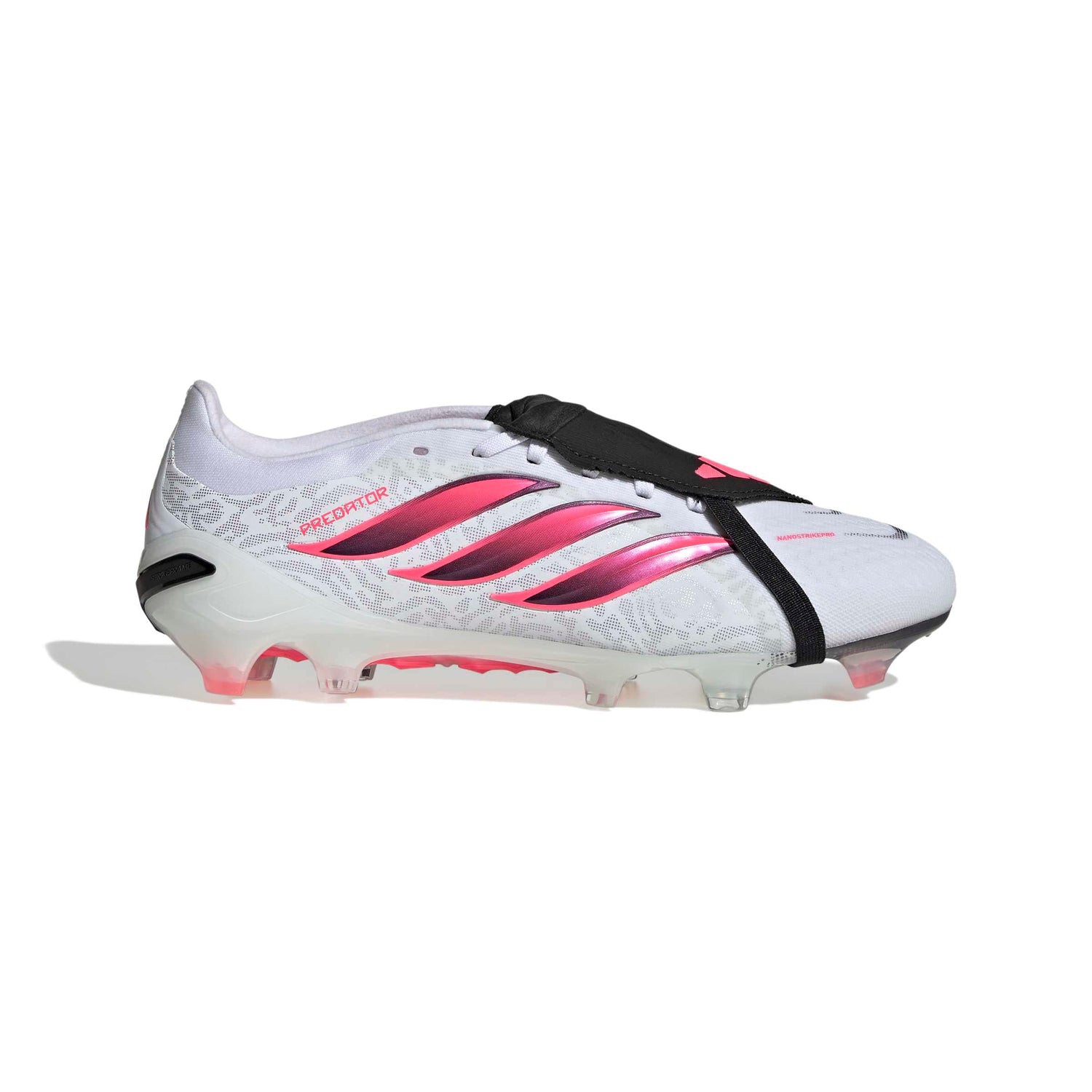 adidas Predator Pro Fold-Over Tongue FG soccer cleats in white, pink and black with firm-ground studded outsole