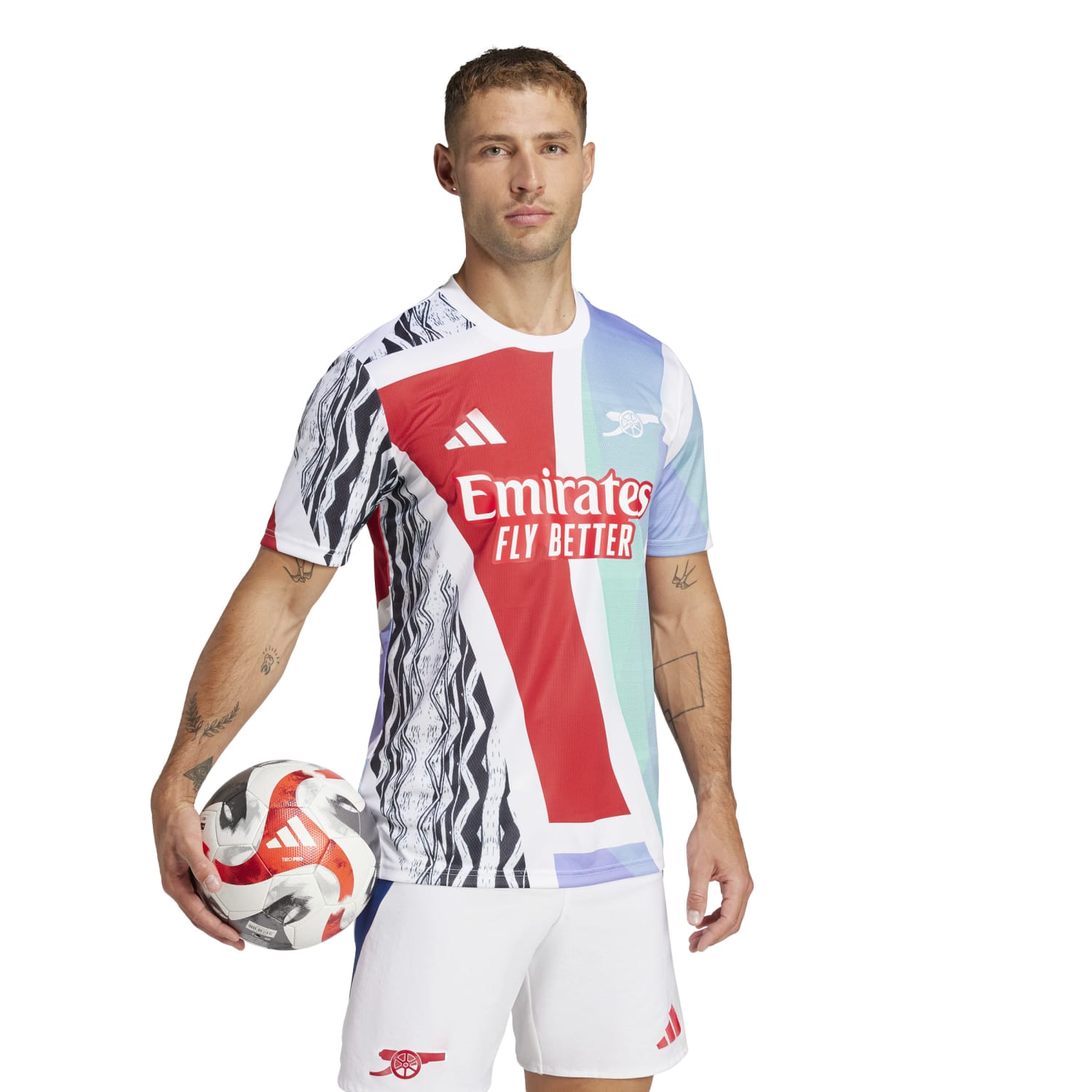 Arsenal 24/25 Pre-Match Jersey with bold design, featuring AEROREADY technology and embroidered Arsenal crest