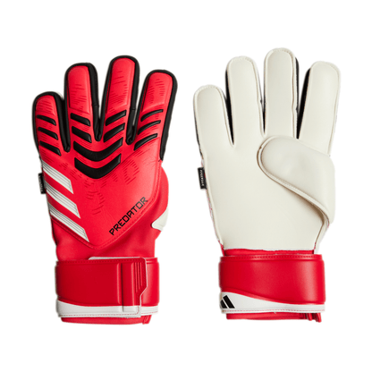 adidas Predator Match FS Goalkeeper Gloves with Soft Grip Pro latex palms, Fingersave spines, and half-wrap wrist strap for superior soccer performance.