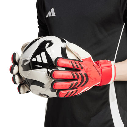 adidas Predator Match FS Goalkeeper Gloves with Soft Grip Pro latex palms, Fingersave spines, and half-wrap wrist strap for superior soccer performance.