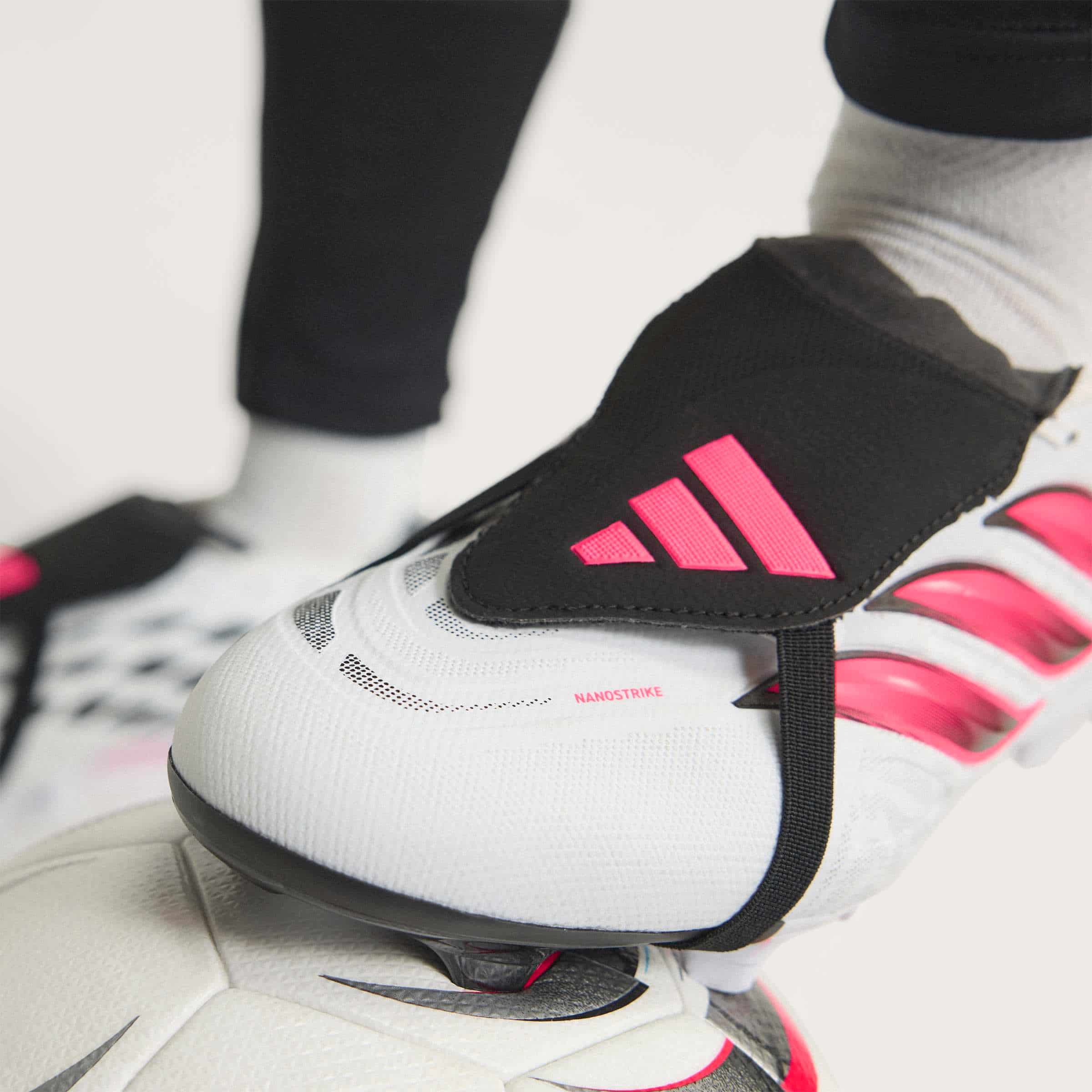 adidas Predator League Fold-Over Tongue FG soccer cleats in white, pink and black with classic fold-over tongue