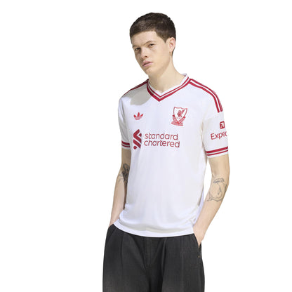 Liverpool FC 26/27 Away Jersey in white with red details, V-neck, club crest and adidas CLIMACOOL technology
