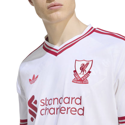 Liverpool FC 26/27 Away Jersey in white with red details, V-neck, club crest and adidas CLIMACOOL technology