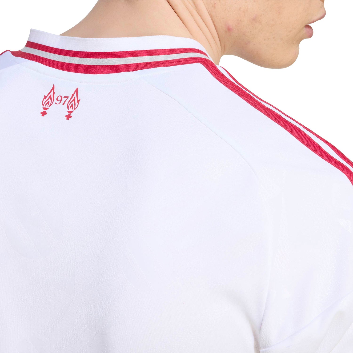 Liverpool FC 26/27 Away Jersey in white with red details, V-neck, club crest and adidas CLIMACOOL technology