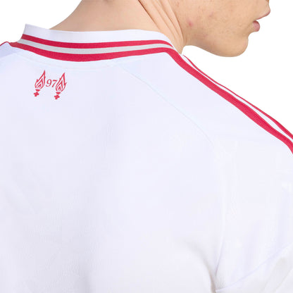 Liverpool FC 26/27 Away Jersey in white with red details, V-neck, club crest and adidas CLIMACOOL technology