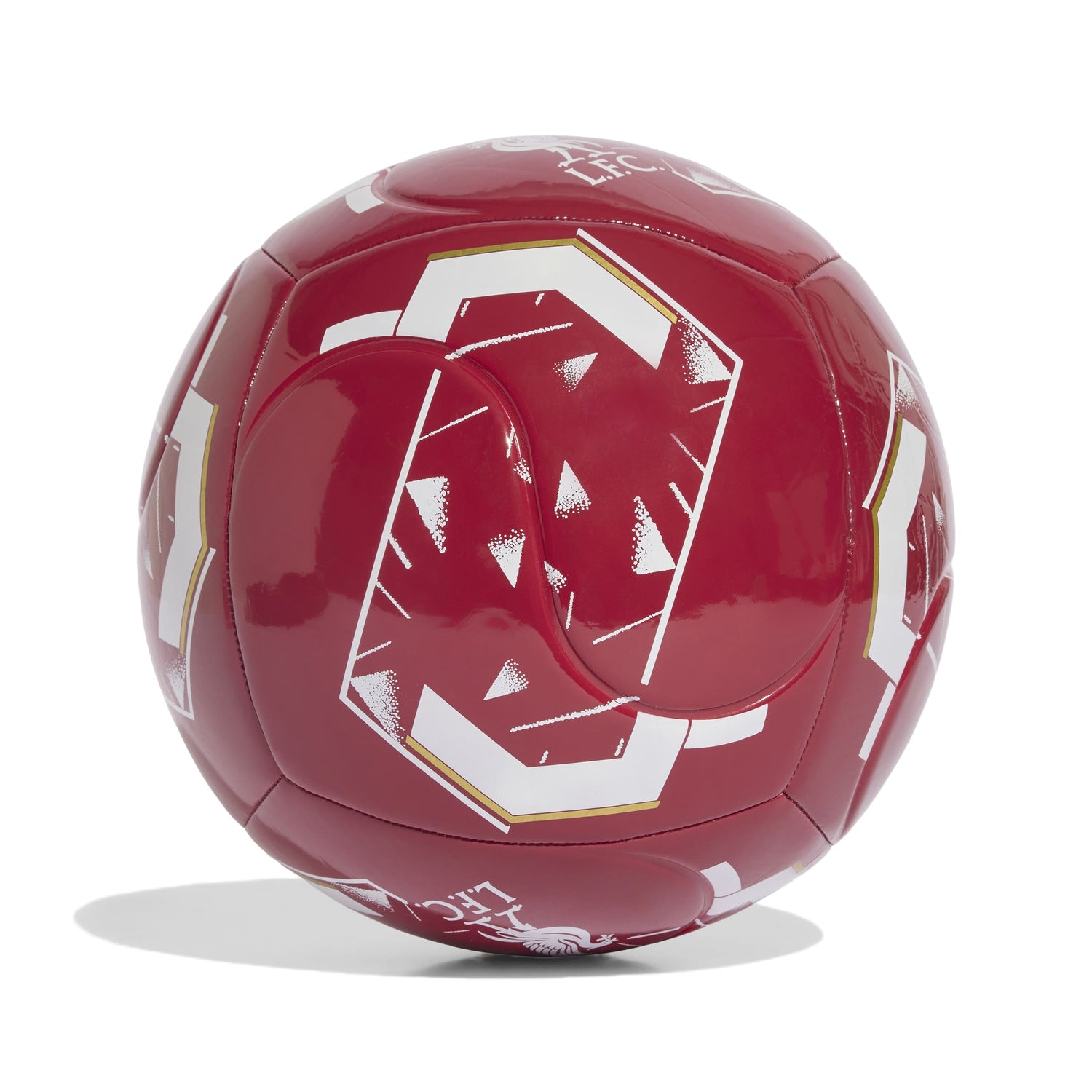 Liverpool FC Club Home Soccer Ball angled view in red and white design