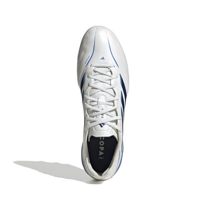 adidas Copa Pure IV Elite FG soccer cleat in white and blue with firm-ground outsole