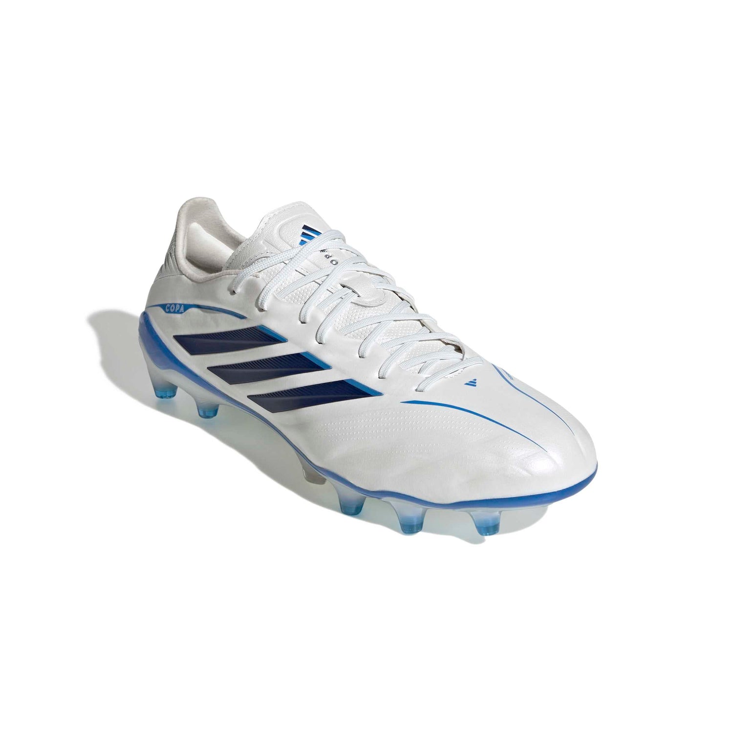 adidas Copa Pure IV Elite FG soccer cleat in white and blue with firm-ground outsole