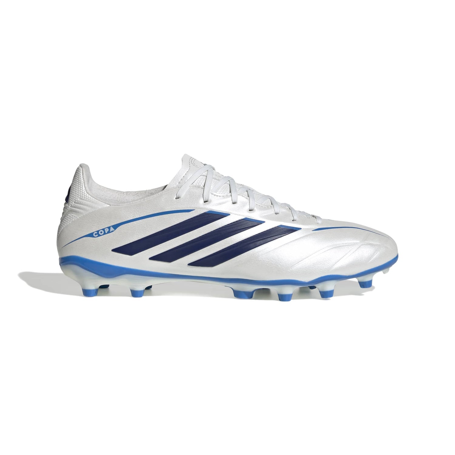 adidas Copa Pure IV League FG soccer cleats in white, blue and silver with firm-ground outsole