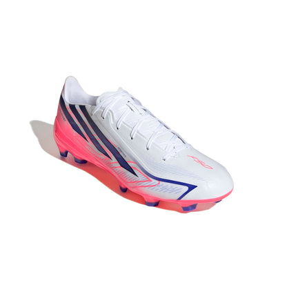adidas F50 Hyperfast League FG soccer cleats in white, pink and navy with firm-ground outsole