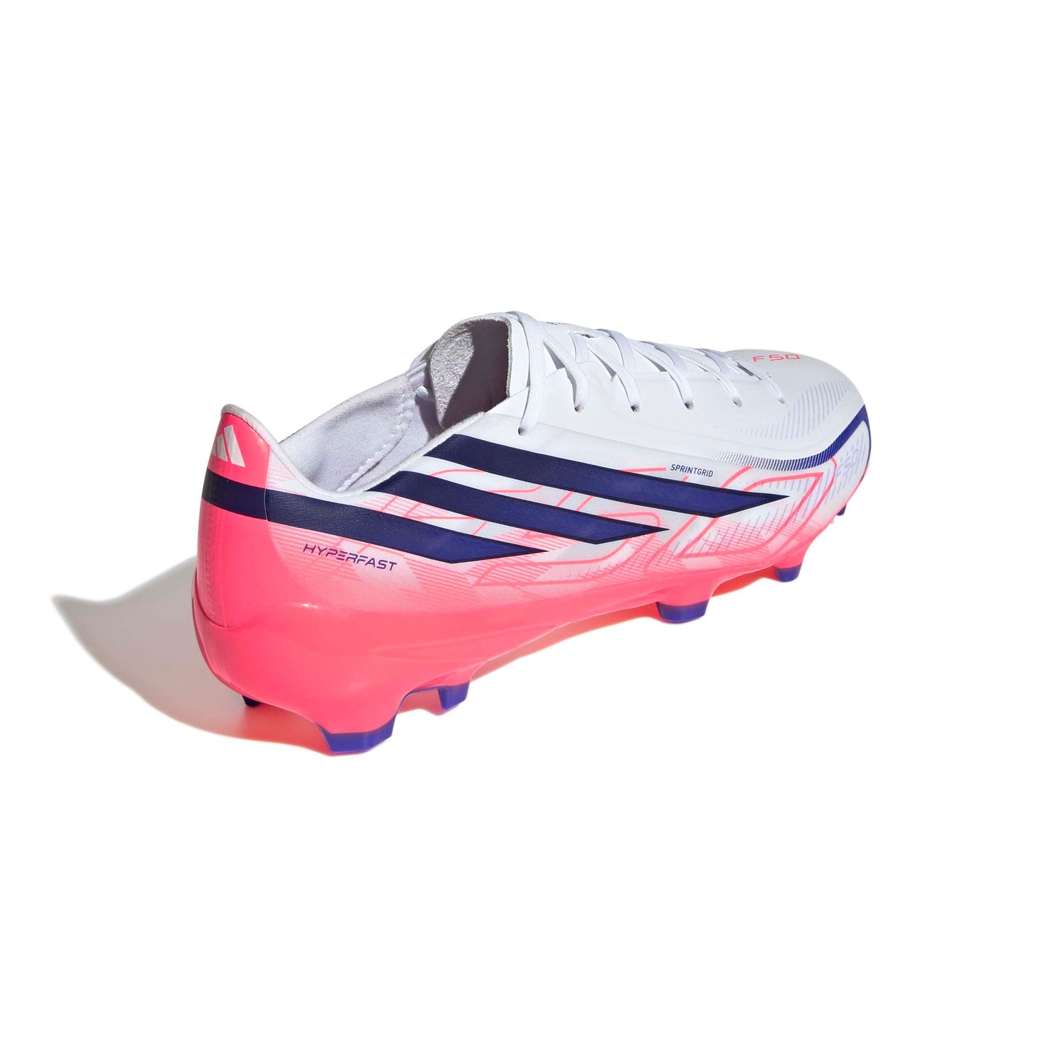 adidas F50 Hyperfast League FG soccer cleats in white, pink and navy with firm-ground outsole