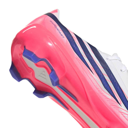 adidas F50 Hyperfast League FG soccer cleats in white, pink and navy with firm-ground outsole