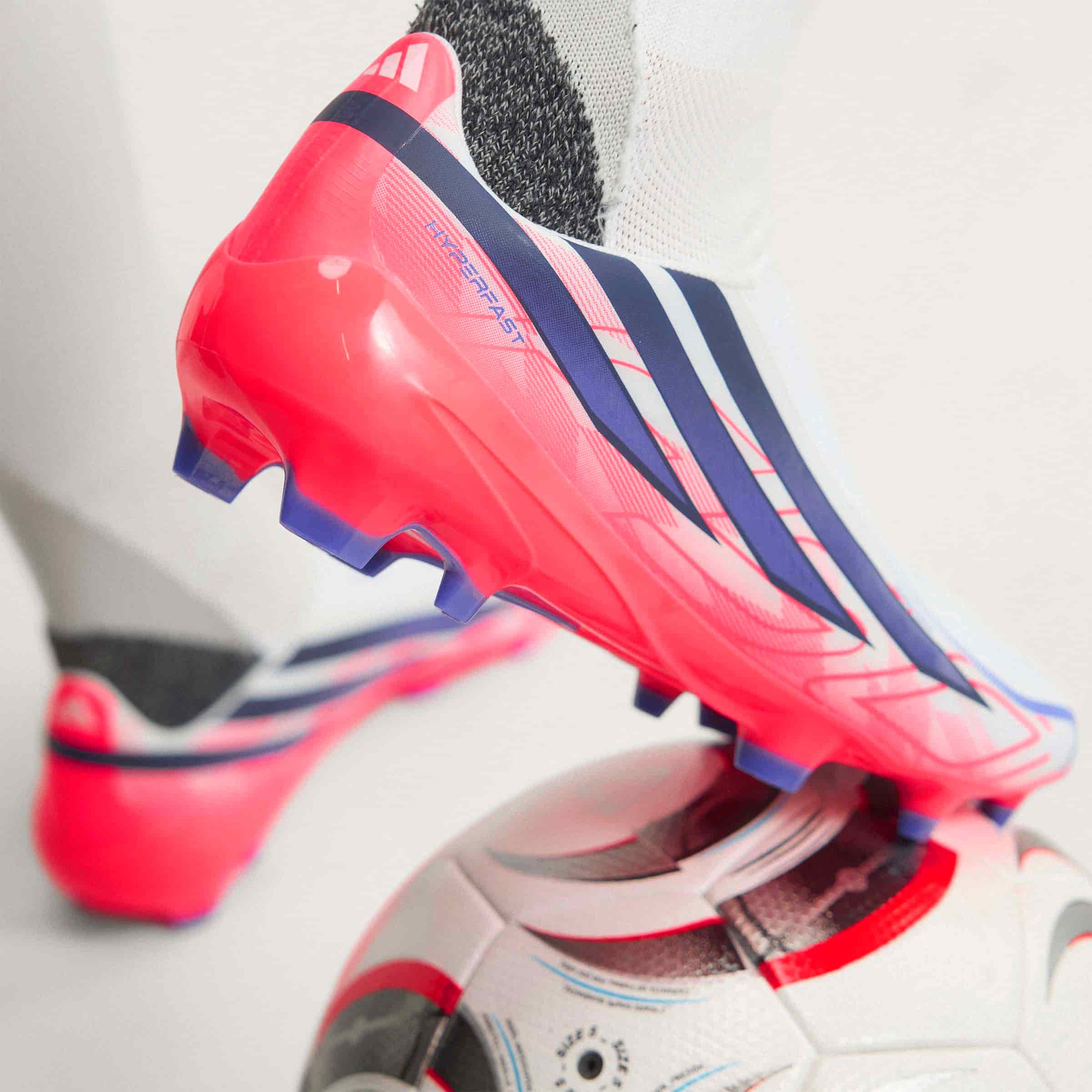 adidas F50 Hyperfast League Laceless FG soccer cleats in silver, navy and pink with firm-ground outsole
