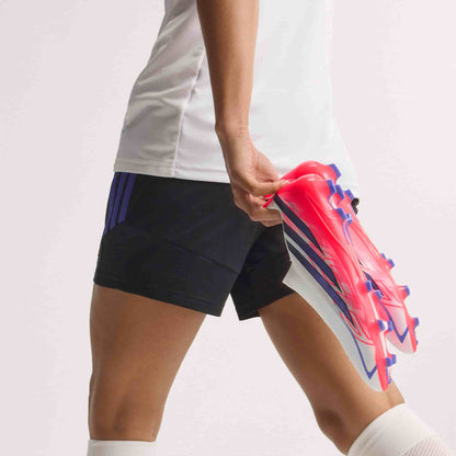 adidas F50 Hyperfast League Laceless FG soccer cleats in silver, navy and pink with firm-ground outsole