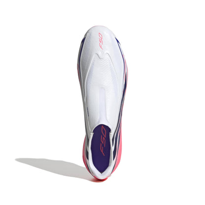 adidas F50 Hyperfast League Laceless FG soccer cleats in silver, navy and pink with firm-ground outsole