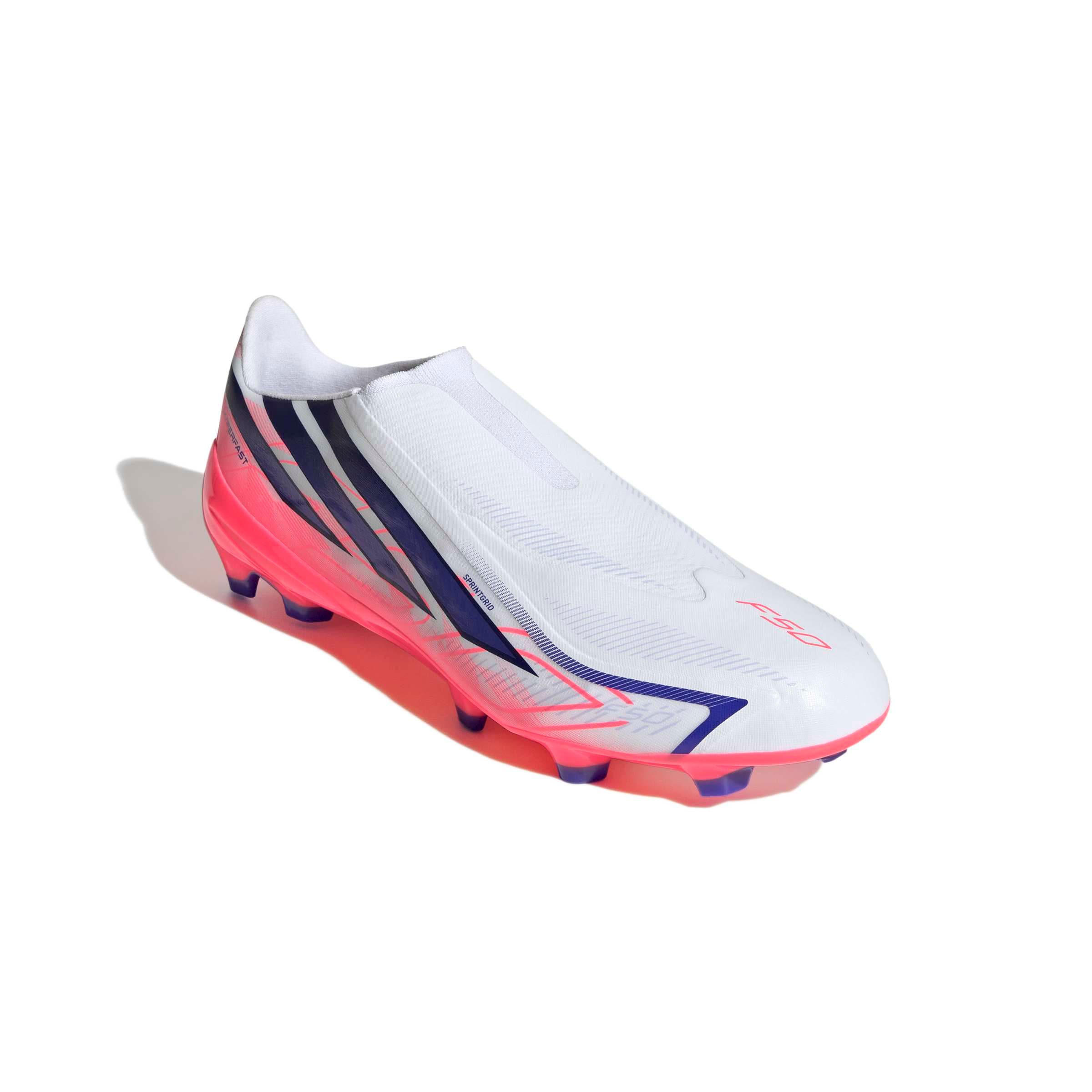 adidas F50 Hyperfast League Laceless FG soccer cleats in silver, navy and pink with firm-ground outsole
