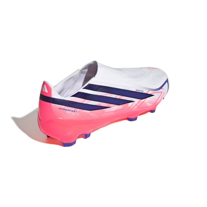 adidas F50 Hyperfast League Laceless FG soccer cleats in silver, navy and pink with firm-ground outsole