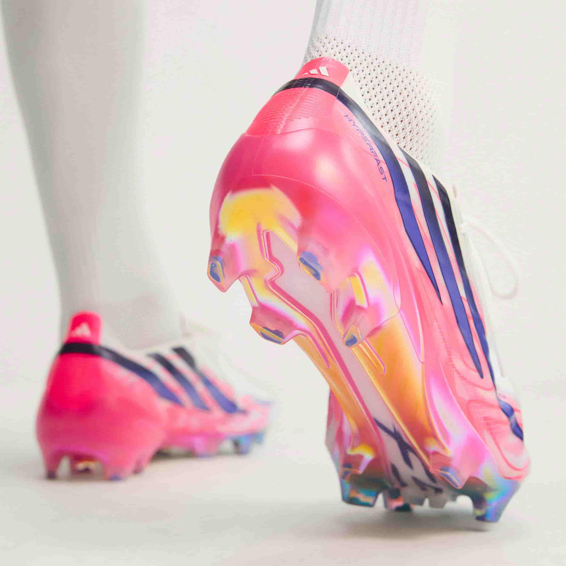 adidas F50 Hyperfast Elite FG soccer cleat in silver, navy and pink with firm-ground outsole