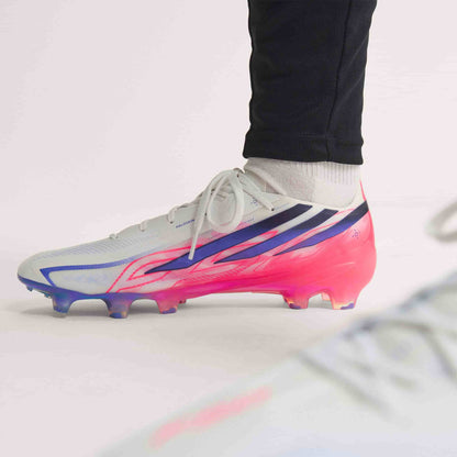 adidas F50 Hyperfast Elite FG soccer cleat in silver, navy and pink with firm-ground outsole