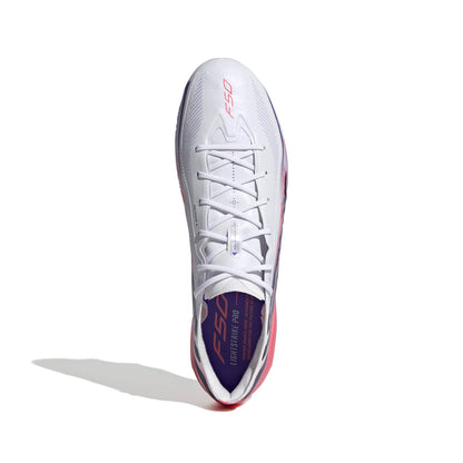 adidas F50 Hyperfast Elite FG soccer cleat in silver, navy and pink with firm-ground outsole