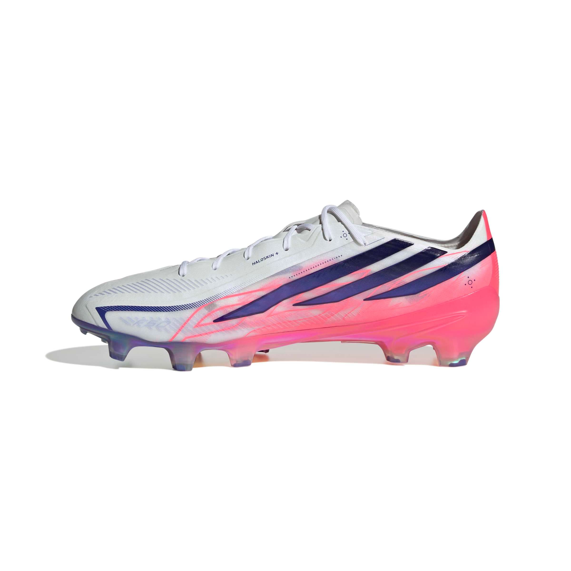 adidas F50 Hyperfast Elite FG soccer cleat in silver, navy and pink with firm-ground outsole