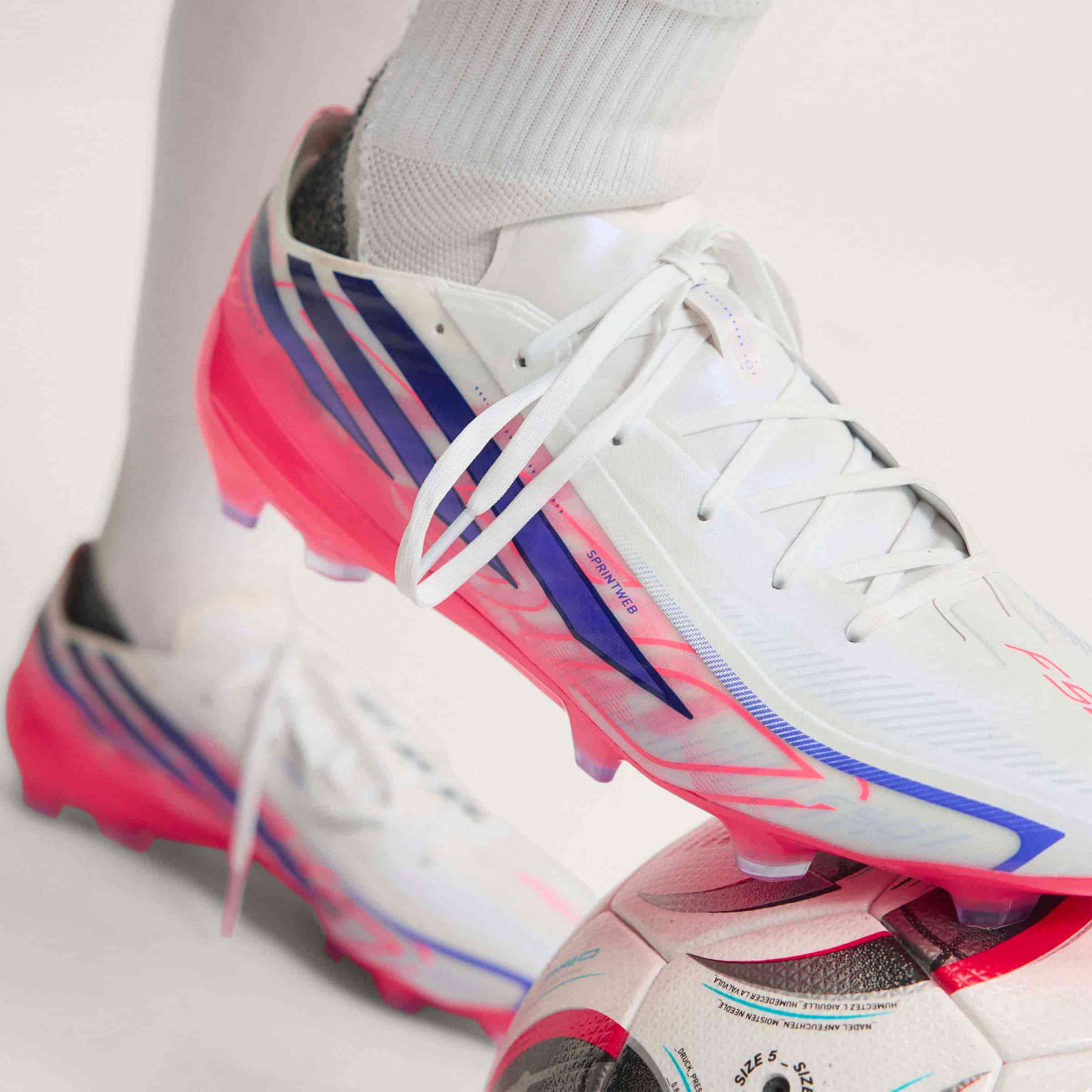 adidas F50 Hyperfast Pro FG soccer cleats in white, pink and navy with firm-ground outsole