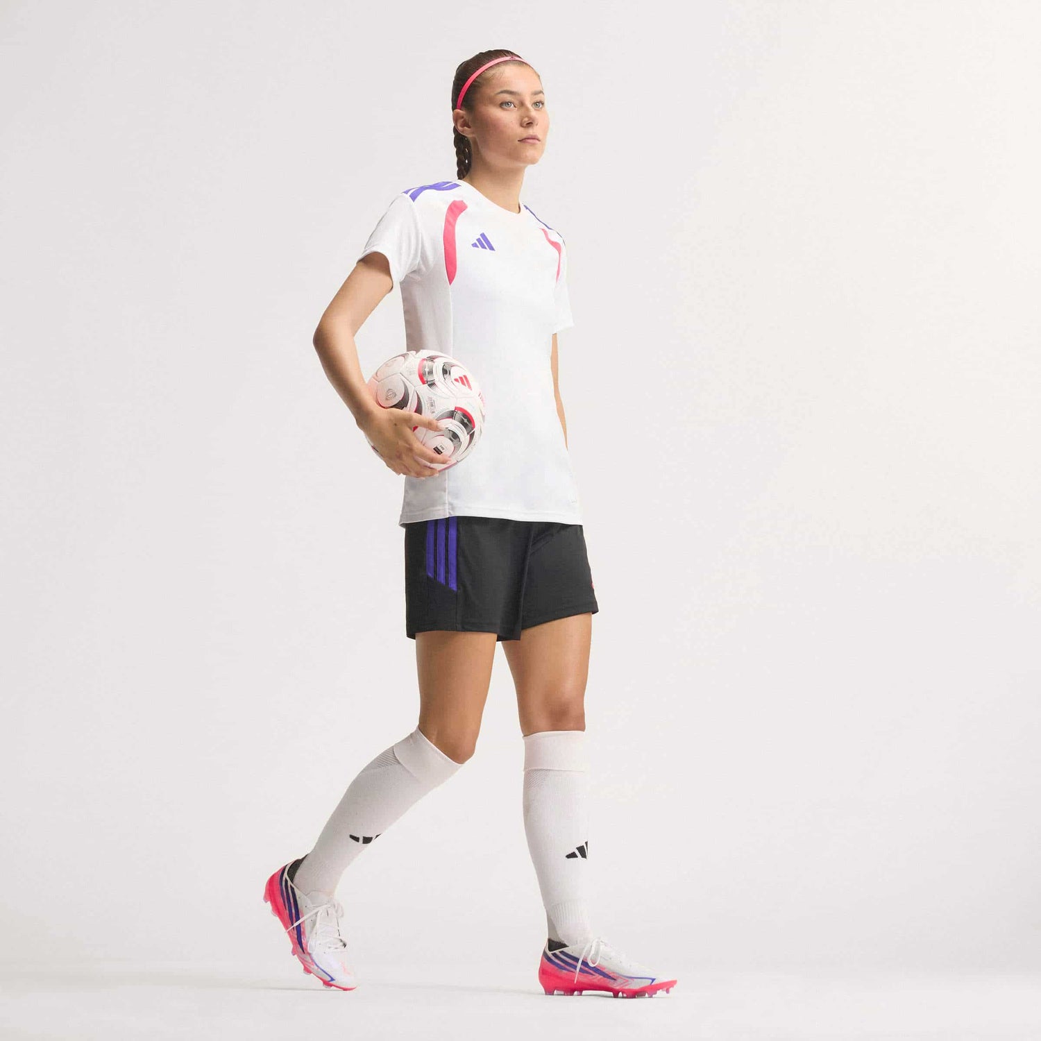 adidas F50 Hyperfast Pro FG soccer cleats in white, pink and navy with firm-ground outsole