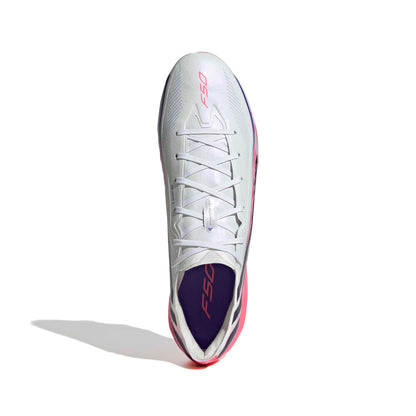 adidas F50 Hyperfast Pro FG soccer cleats in white, pink and navy with firm-ground outsole