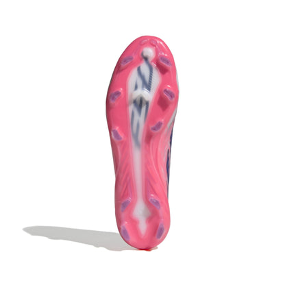 adidas F50 Hyperfast Pro FG soccer cleats in white, pink and navy with firm-ground outsole