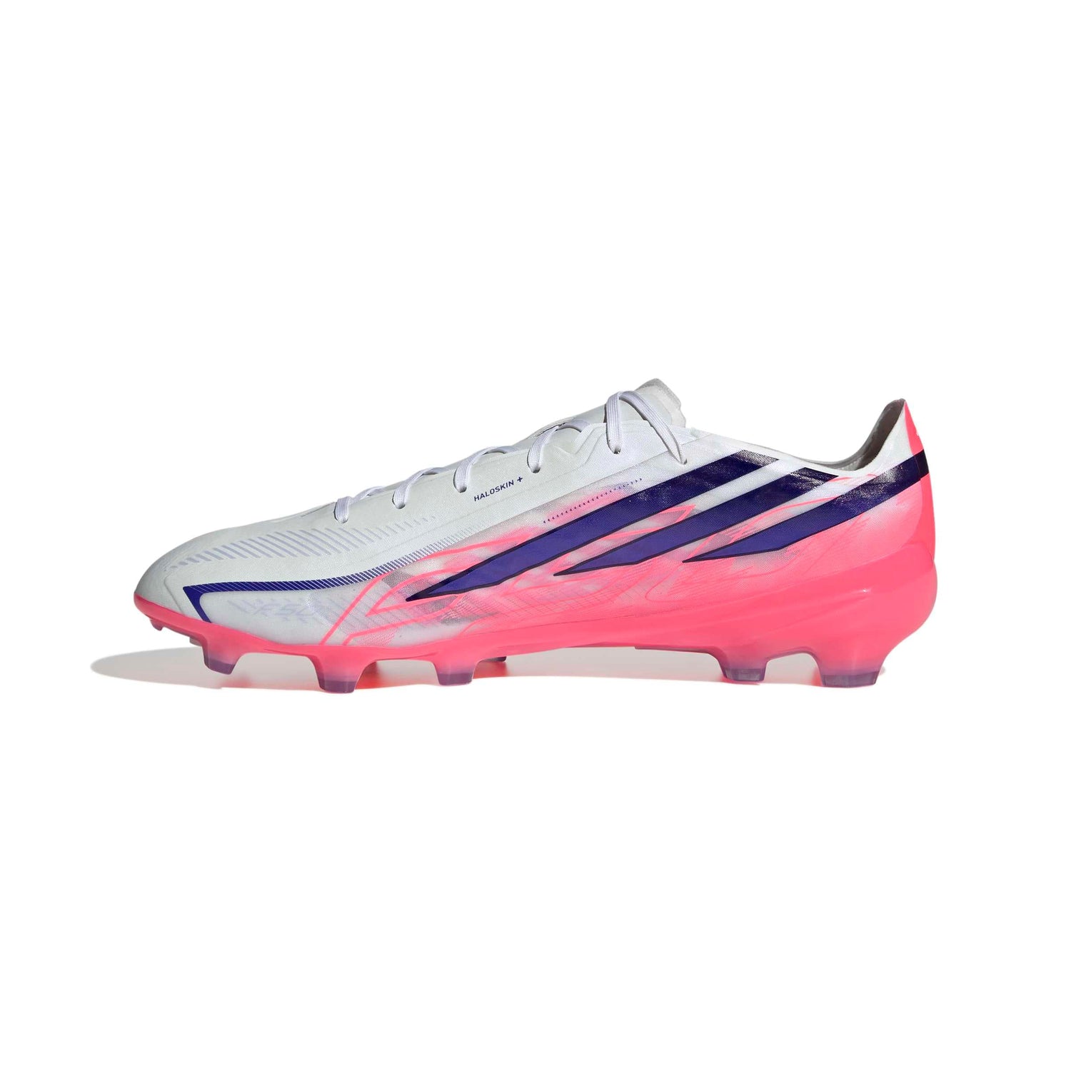 adidas F50 Hyperfast Pro FG soccer cleats in white, pink and navy with firm-ground outsole