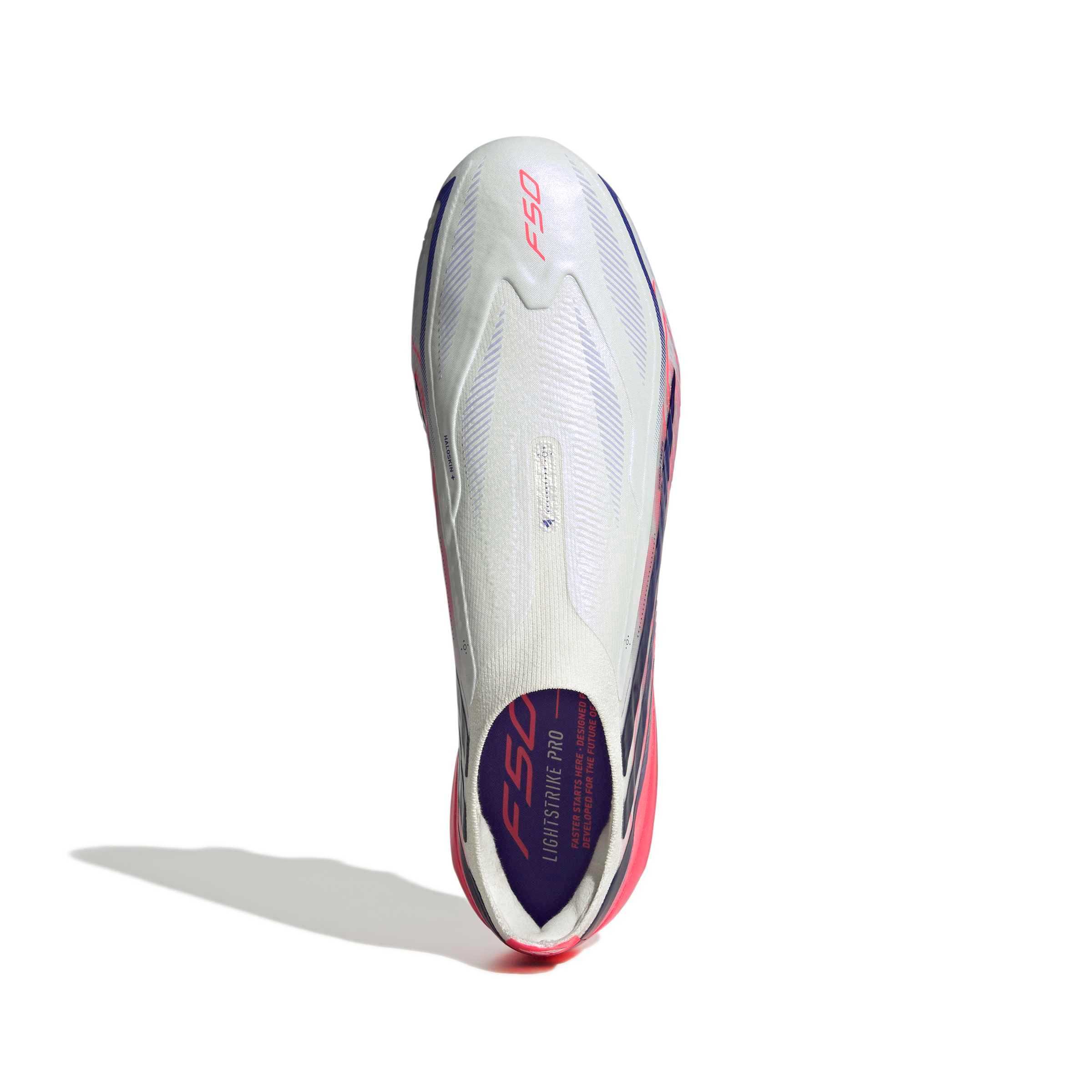 adidas F50 Hyperfast Elite Laceless FG soccer cleats in pink, white and navy with laceless HALOSKIN+ upper