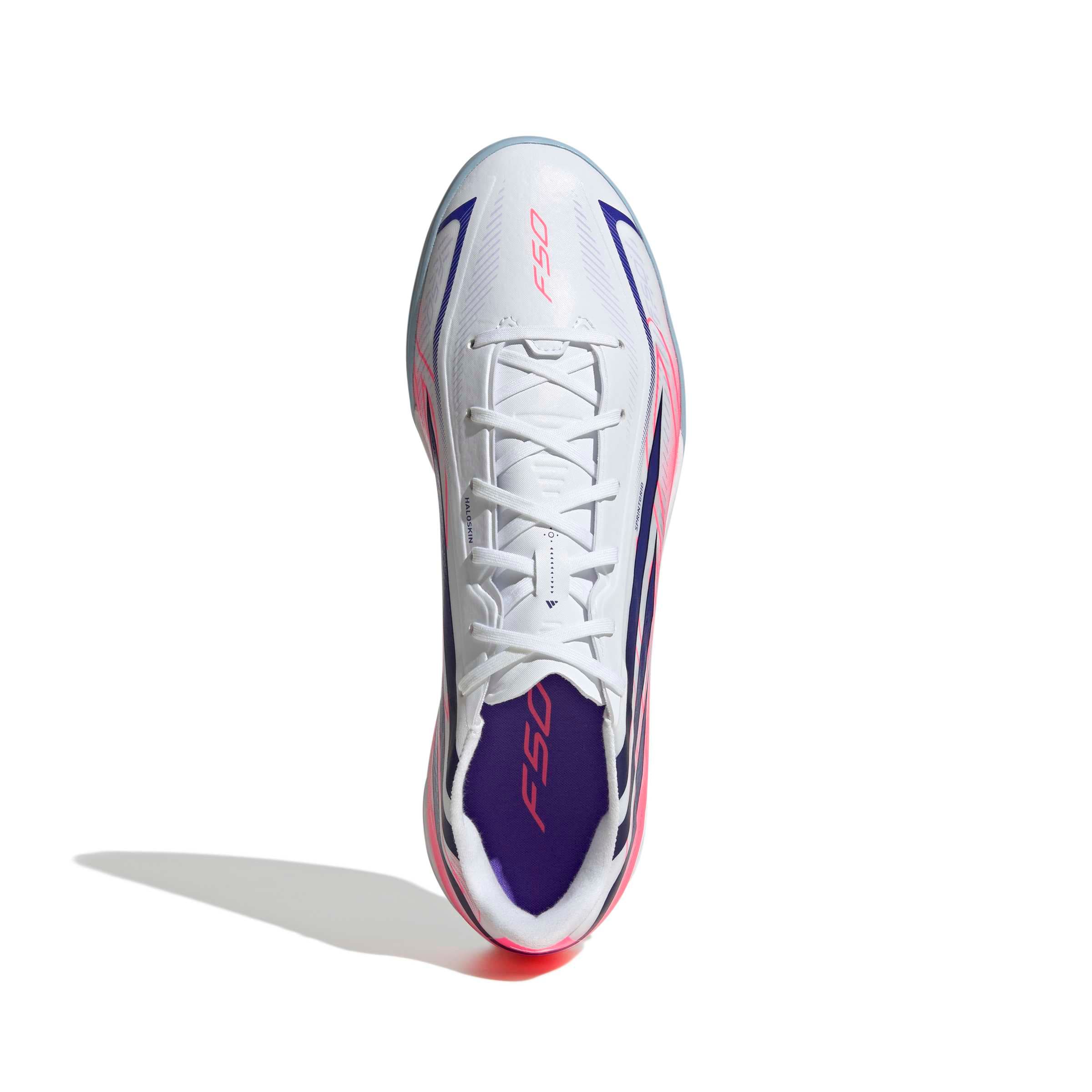adidas F50 Hyperfast League IC indoor soccer cleat in silver, navy and pink with non-marking rubber outsole
