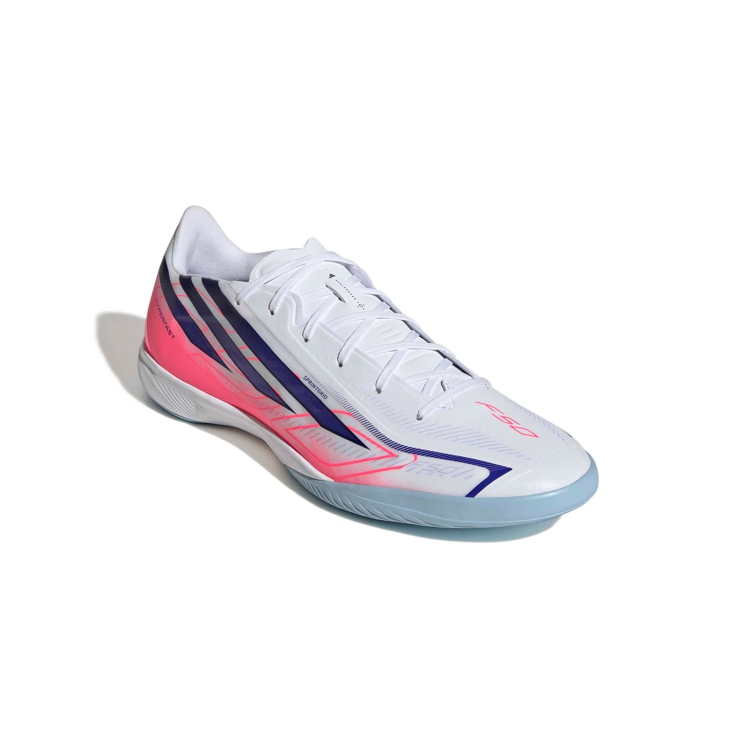 adidas F50 Hyperfast League IC indoor soccer cleat in silver, navy and pink with non-marking rubber outsole